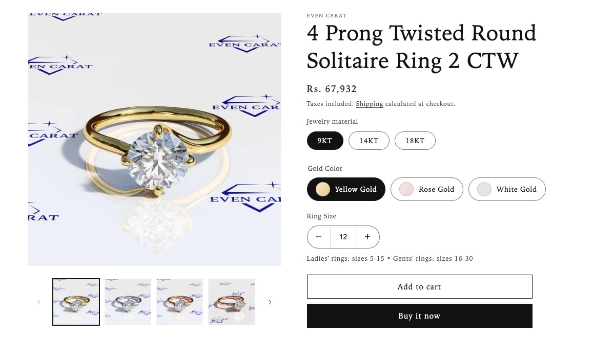 Even Carat product page for a solitaire ring, with jewelry material, gold colour and ring-size selectors and a calculated price.